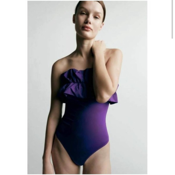 Zara Other - Zara Purple One Piece Strapless Ruffled Swimsuit
